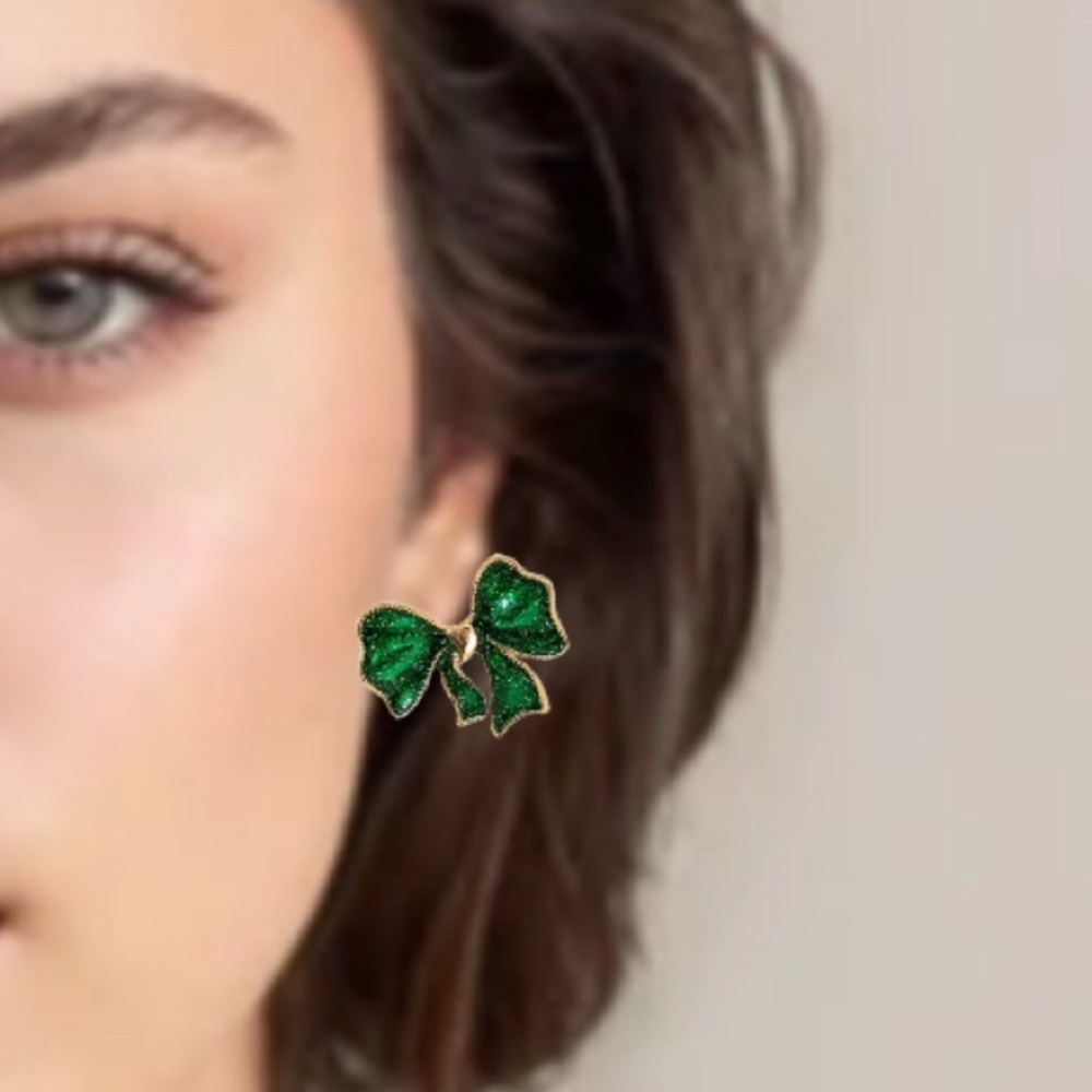 Glittery Bowknot Druzy Emerald Green Gold Stud Earrings St. Patrick’s Day NEW